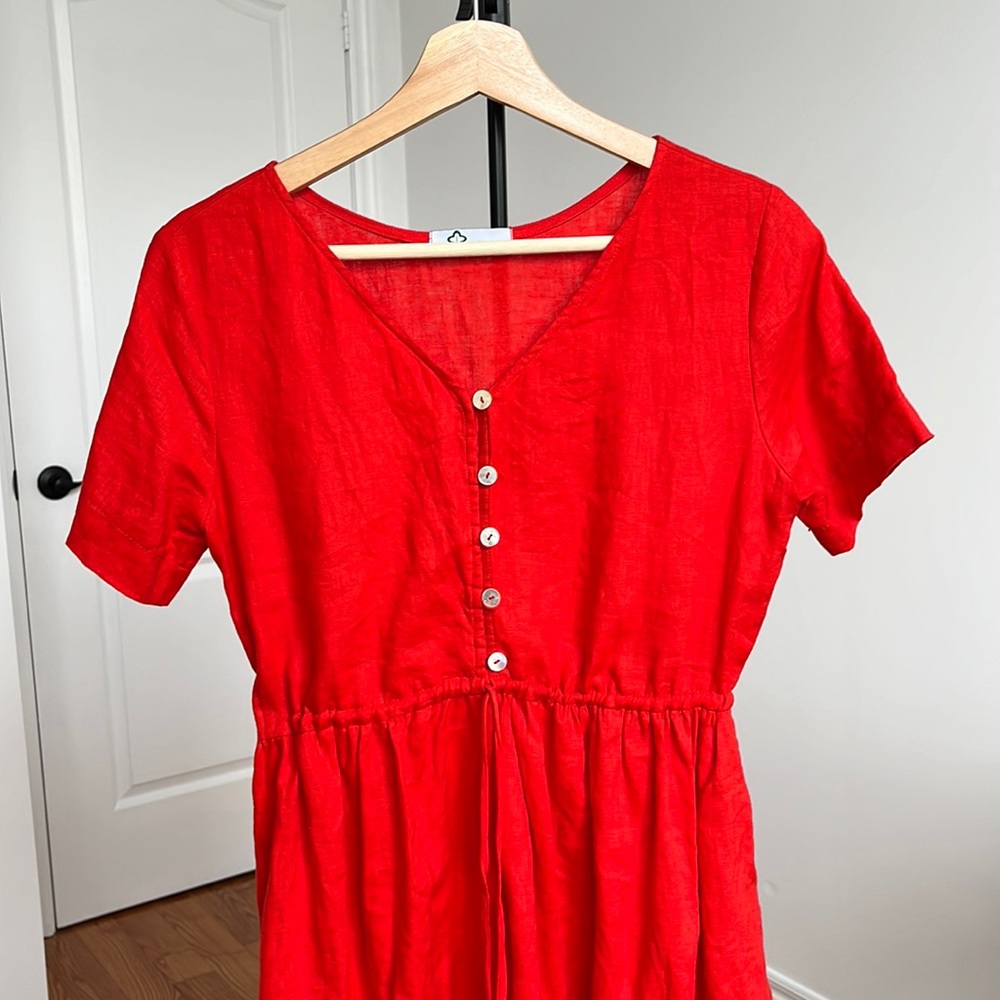 100% linen handmade red button front short sleeve cinch waist mini dress XS - Picture 3 of 9